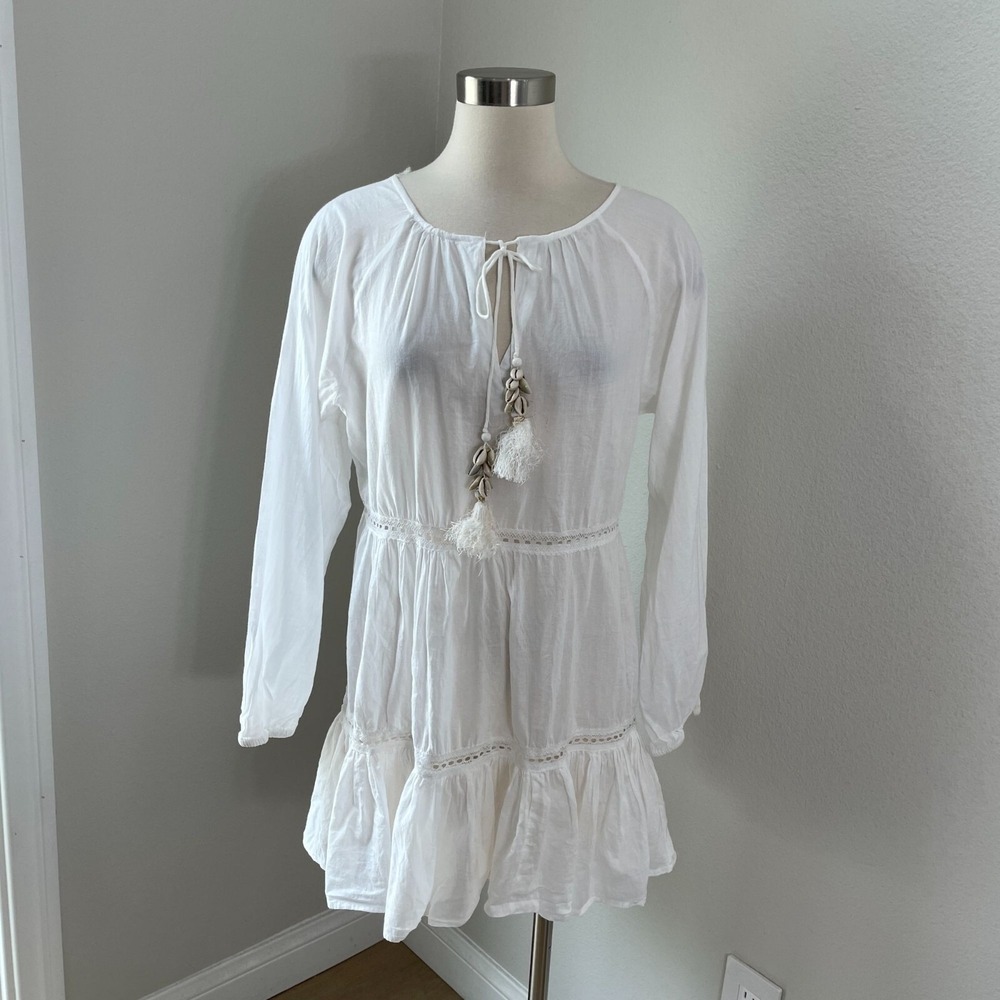 True Destinations Womens Medium White Beach Boho Tunic Dress Seashell Tassels